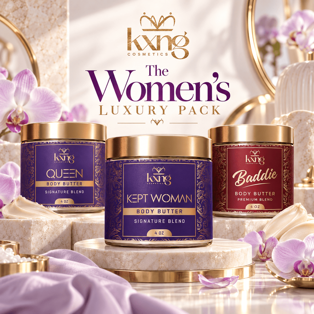 The Women's Luxury Pack - Baddie, Kept Woman and Queen Body Butter Gift Set for Her - KXNG Cosmetics