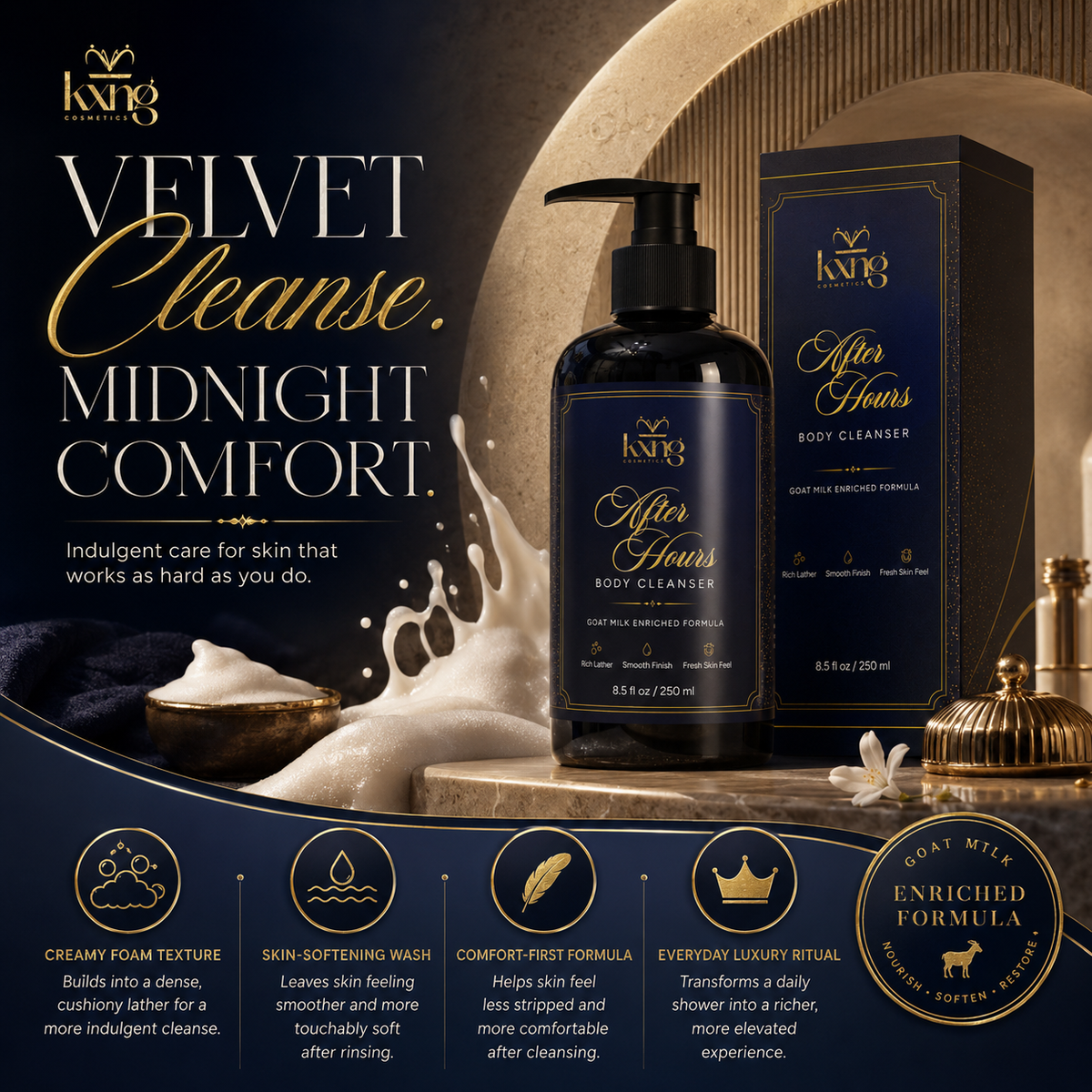 KXNG After Hours Goat Milk Body Wash lifestyle graphic