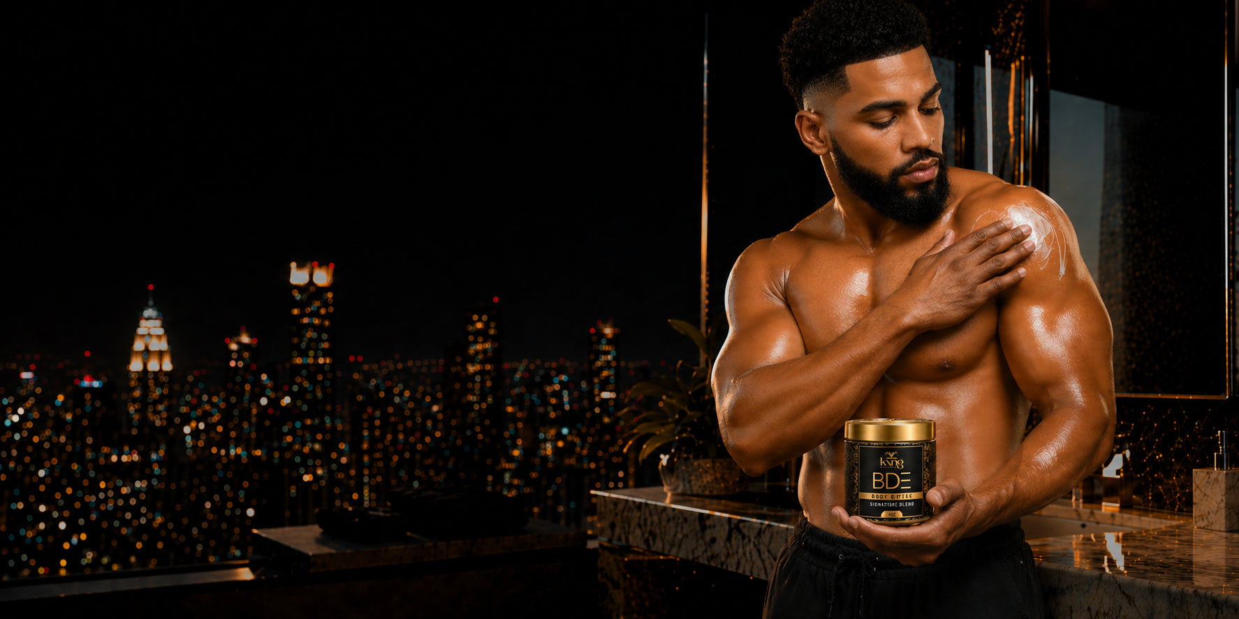 Man holding a supplement container with a city skyline in the background