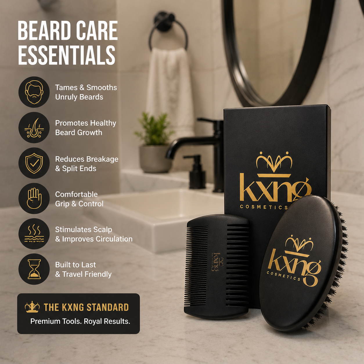 Beard Brush & Comb Set | Natural Bristle Brush + Dual-Sided Wooden Comb for Grooming, Training & Shaping