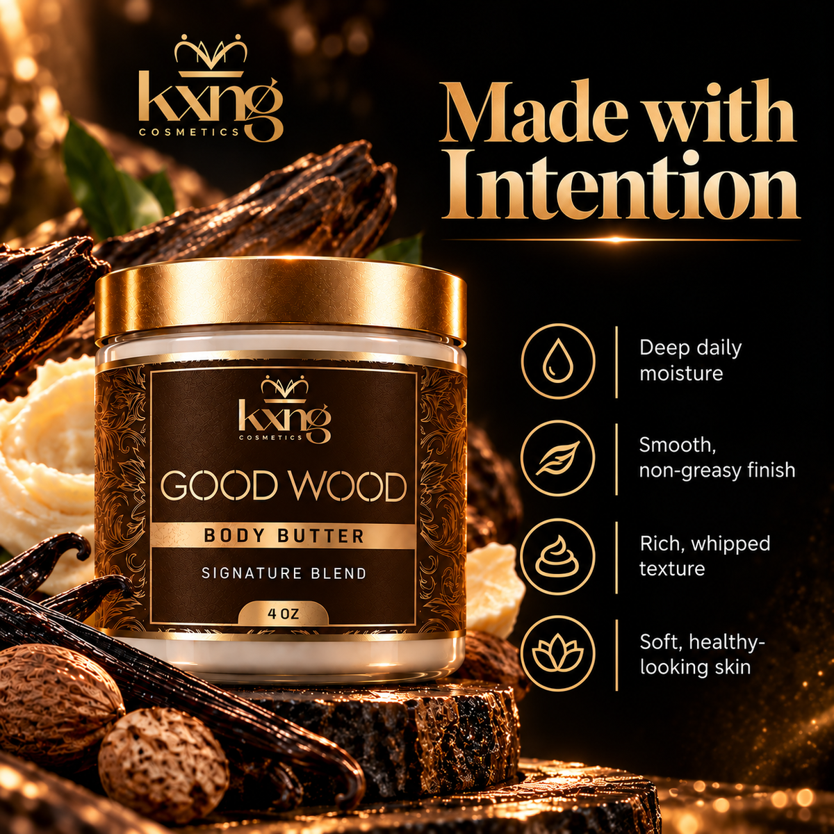 KXNG Cosmetics body butter formula and skin care benefits