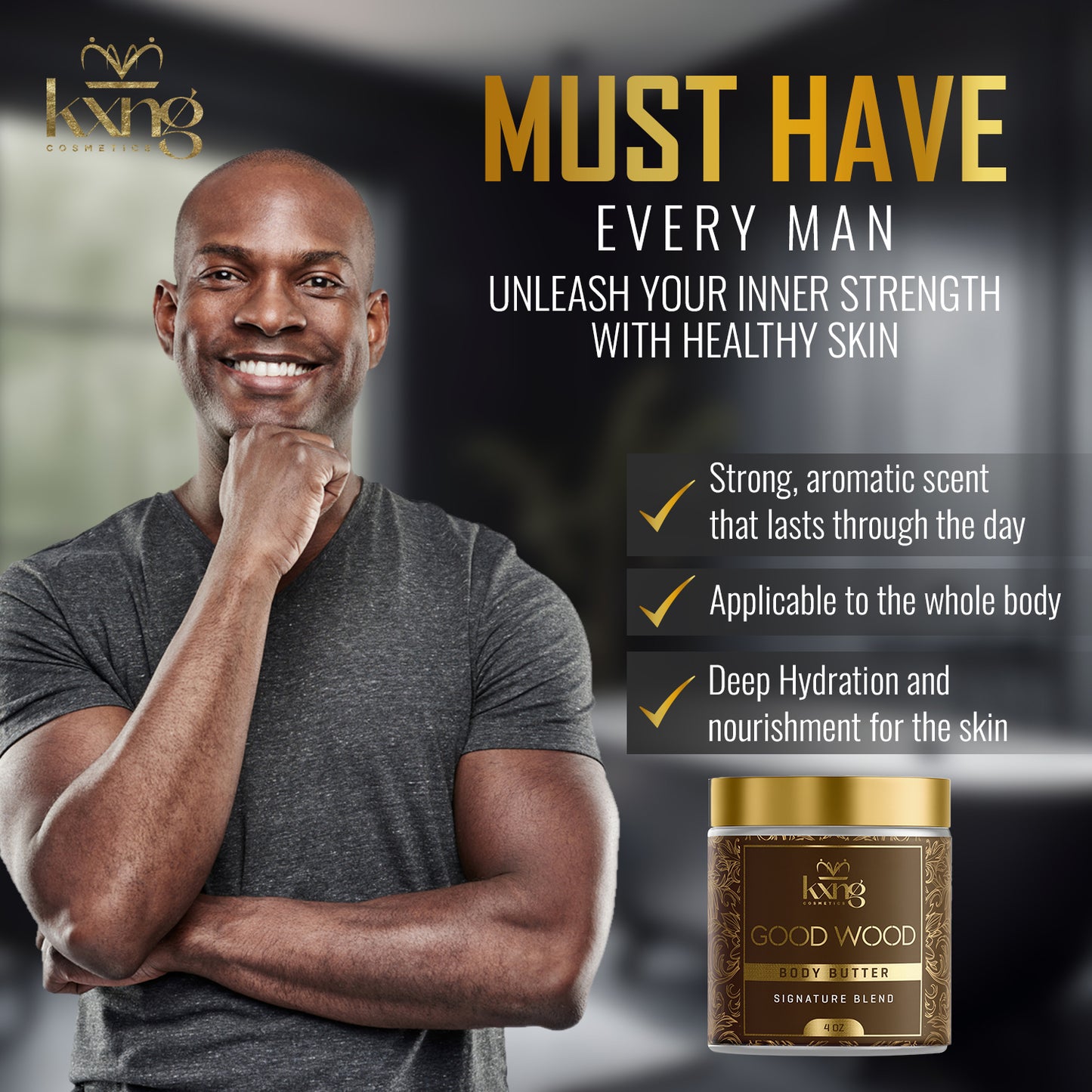 KXNG Cosmetics Body Butter - Organic Moisturizer for Men (Good Wood)