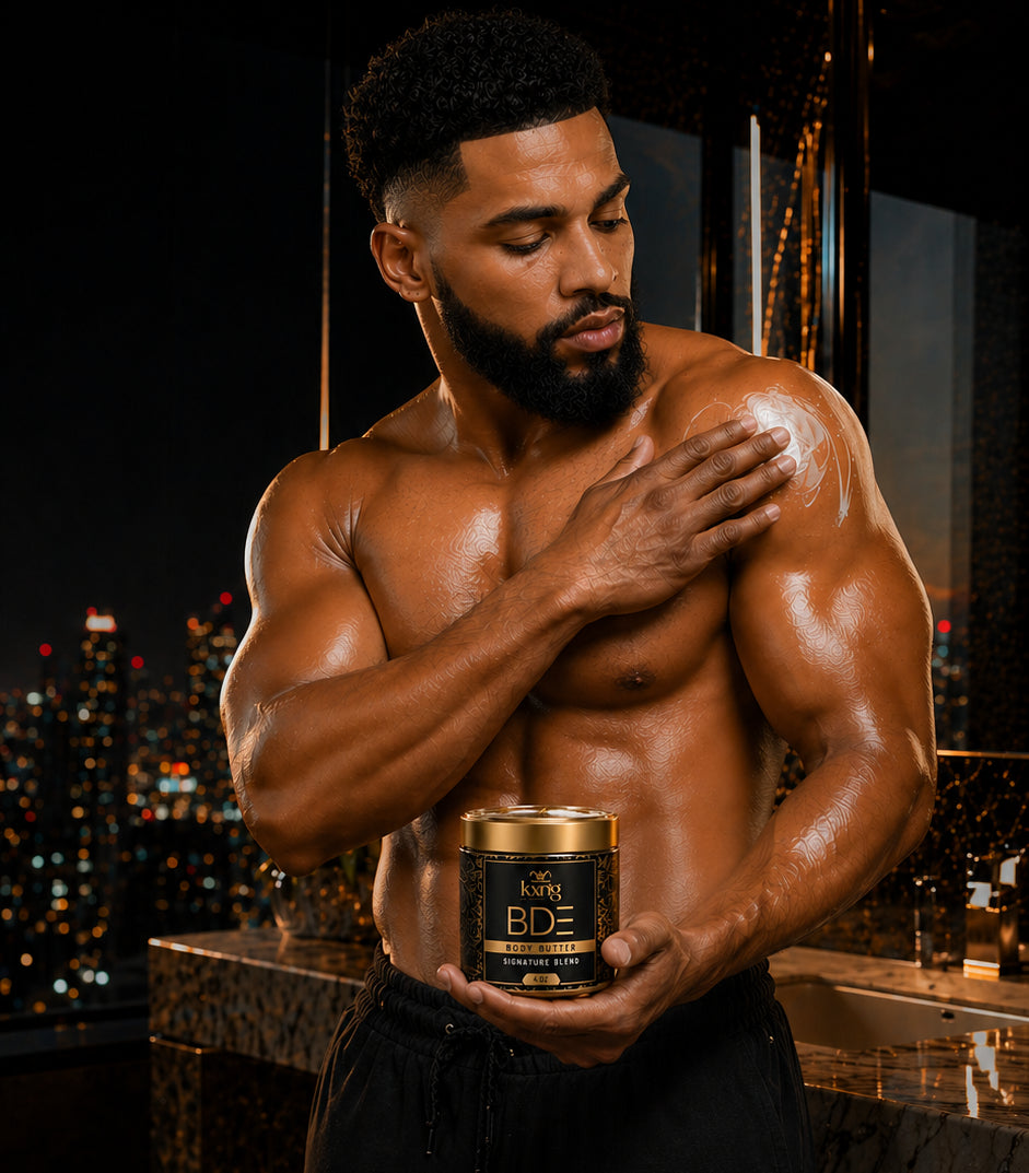 Muscular man holding a container labeled 'BDE' against a cityscape background