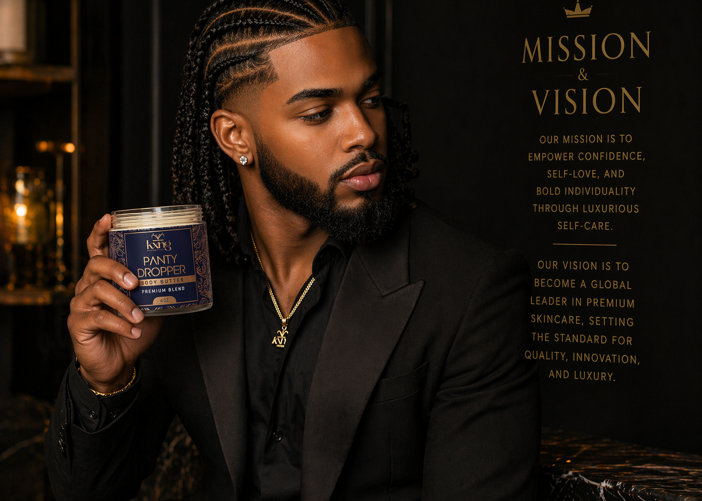Man holding a jar of skincare product with 'Mission & Vision' text in the background