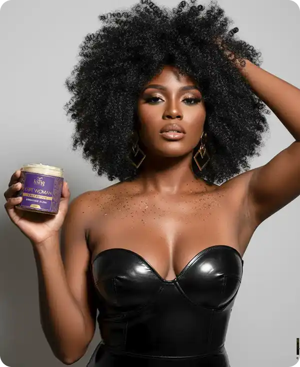 Woman holding a purple jar with text, wearing a black strapless top against a gray background