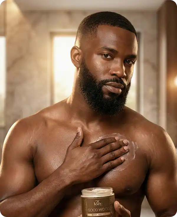 Man applying lotion to his chest with a jar of lotion in a bathroom setting