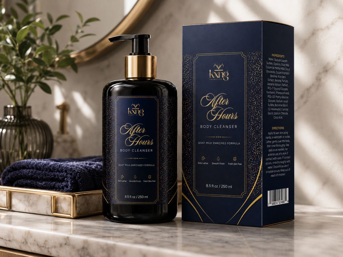 KXNG Cosmetics After Hours Goat Milk Body Wash in vanilla and cashmere scent with packaging