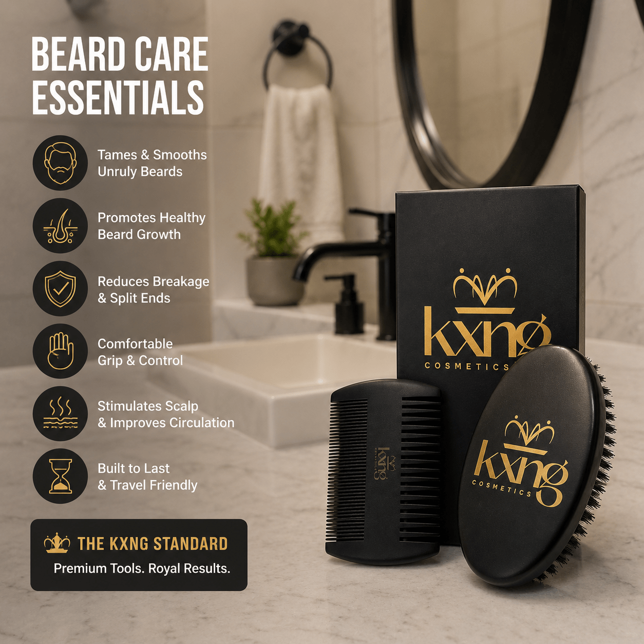 Beard Brush & Comb Set | Natural Bristle Brush + Dual-Sided Wooden Comb for Grooming, Training & Shaping - KXNG Cosmetics