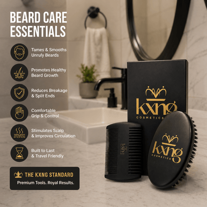 Beard Brush & Comb Set | Natural Bristle Brush + Dual-Sided Wooden Comb for Grooming, Training & Shaping - KXNG Cosmetics