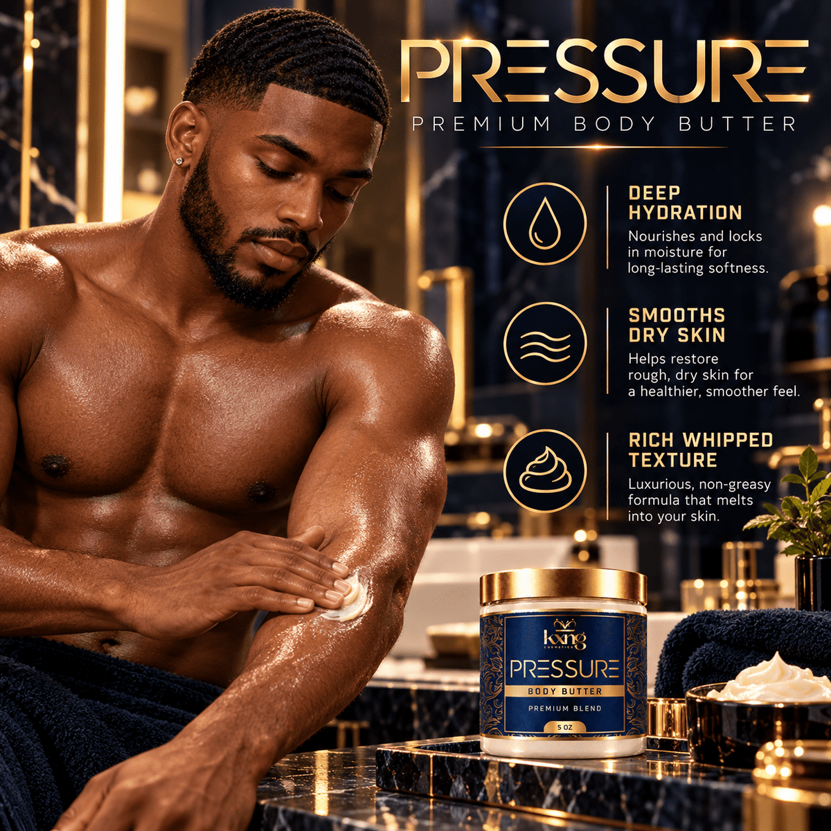 Pressure Body Butter for Men — Aquatic Citrus Amber Pheromone-Infused Whipped Shea Moisturizer - KXNG Cosmetics