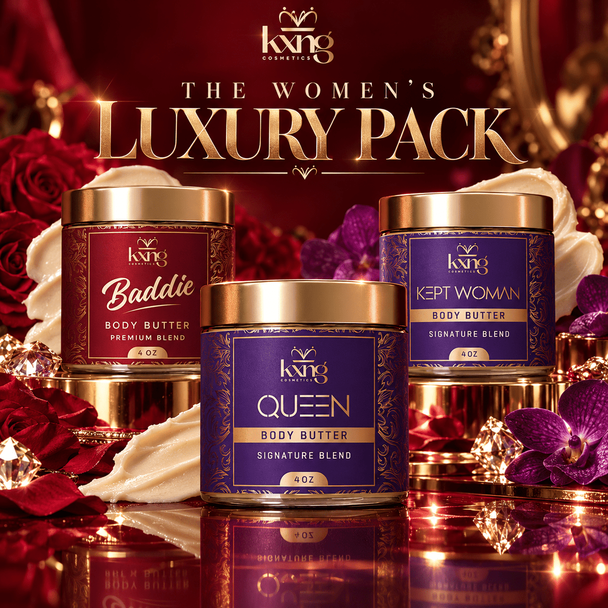 The Women's Luxury Pack - Baddie, Kept Woman and Queen Body Butter Gift Set for Her - KXNG Cosmetics